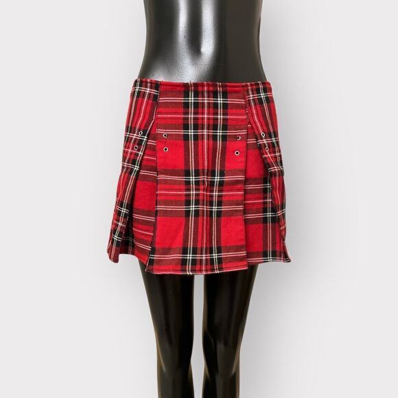 Super Low Fat Vintage 90s School Girl Plaid Mini Skirt Pleated Punk Red Academia - Picture 1 of 8